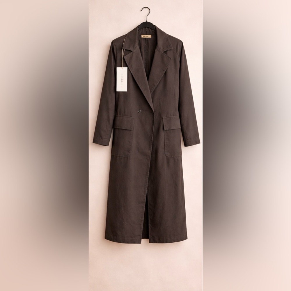 NWT STARK-X Oversized Utility Trench Coat Ash Grey Linen Blend Maxi Luxury $399 - Picture 5 of 11
